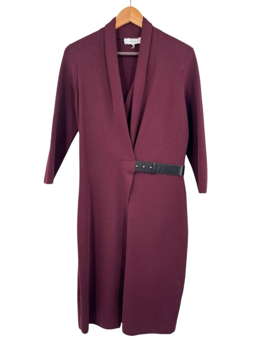 REISS Women's Burgundy Belted Wrap Midi Luisa Dress Medium